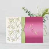 DRUKTE RIBBON Pink Green Floral Monogram Invite Kaart (Staand voorkant)