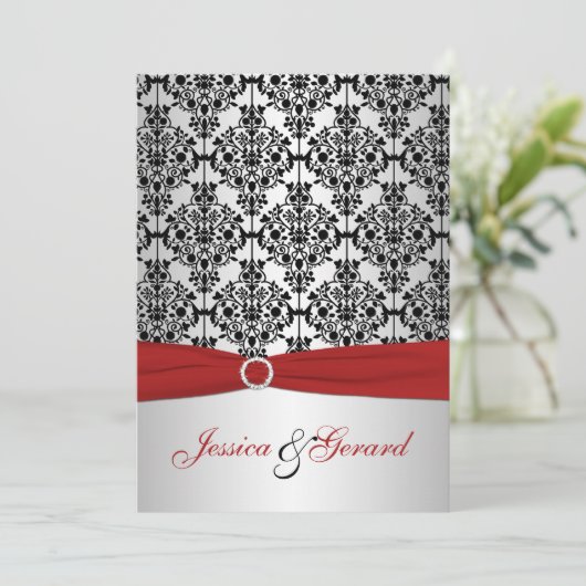 DRUKTE RIBBON Red, Grey & Black Damask Wedding Kaart (Staand voorkant)