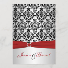 DRUKTE RIBBON Red, Grey & Black Damask Wedding Kaart