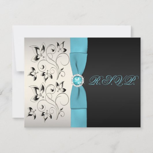 DRUKTE RIBBON Silver Aqua Black Floral Reply Card RSVP Kaartje (Voorkant)
