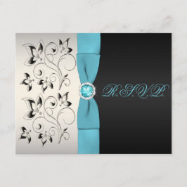 DRUKTE RIBBON Silver Aqua Black Floral Reply Card RSVP Kaartje