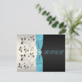 DRUKTE RIBBON Silver Aqua Black Floral Reply Card RSVP Kaartje (Staand voorkant)