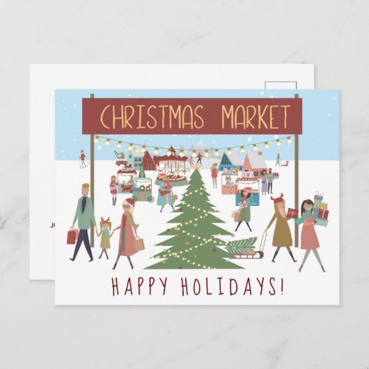 Drukte van het kerstmarkt toneel feestdagenkaart (Voorkant / Achterkant)