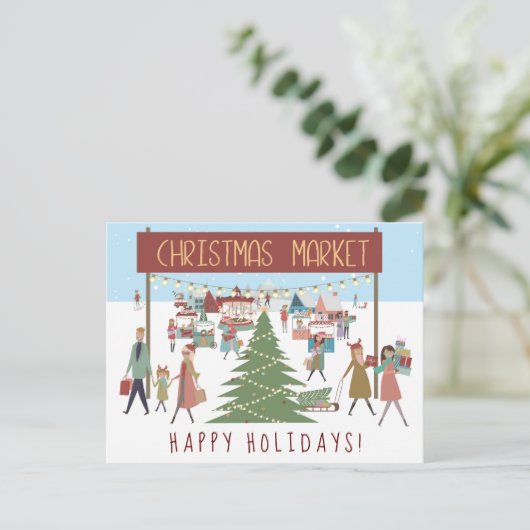 Drukte van het kerstmarkt toneel feestdagenkaart (Staand voorkant)