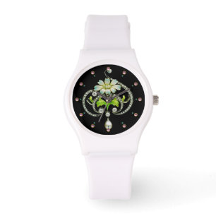 DRUKWITTE ENAMELSTROOM, PEARLS EN DIAMONEN HORLOGE