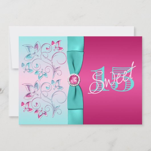 DRUKZUIGER, Aqua Floral Quinceanera Invite Kaart (Voorkant)