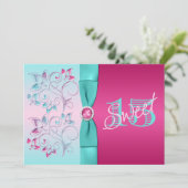 DRUKZUIGER, Aqua Floral Quinceanera Invite Kaart (Staand voorkant)