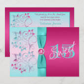 DRUKZUIGER, Aqua Floral Quinceanera Invite Kaart (Voorkant / Achterkant)