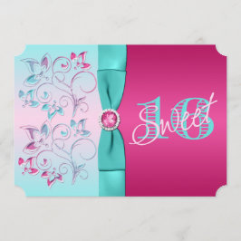 DRUKZUUR Roze, Aqua Floral Sweet Sixteen nodigt ui Kaart