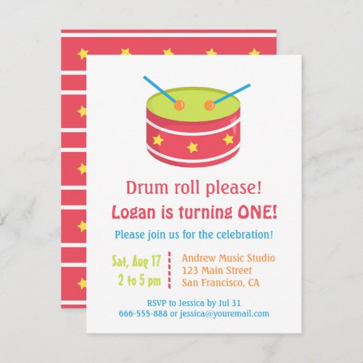 Drum Roll Boy Eerste Verjaardag Uitnodigingen (Voorkant / Achterkant)