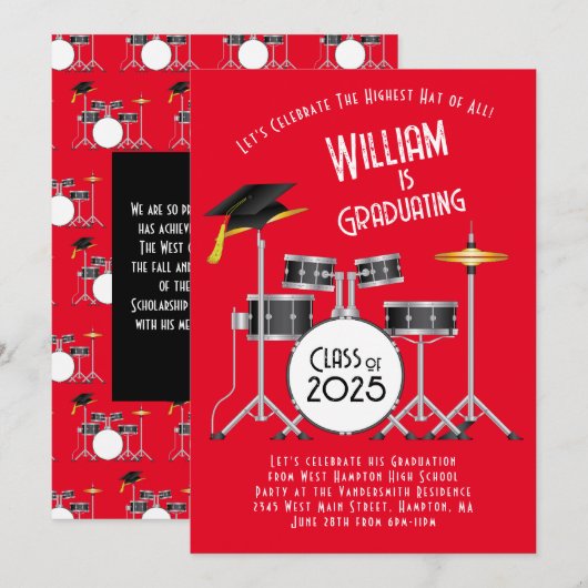 Drum Set Graduation Party Invitation Kaart (Voorkant / Achterkant)