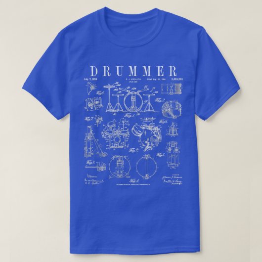 Drum Set Kit  Patent Drummer Tekening Afdrukken T-shirt (Design voorkant)