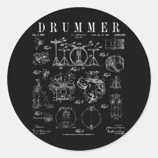 Drum Set Kit Vintage Patent Drummer Drawing Print Ronde Sticker