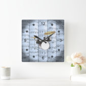 Drum Set~Rollend blad Muziek~Blue Tint Achtergrond Vierkante Klok (Huis)