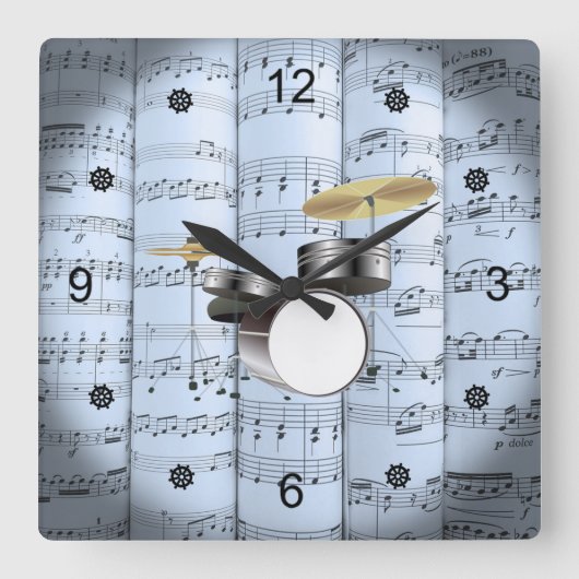 Drum Set~Rollend blad Muziek~Blue Tint Achtergrond Vierkante Klok (Voorkant)