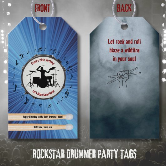 Drum up een aantal leuke drummer verjaardagsfeestj cadeaulabel