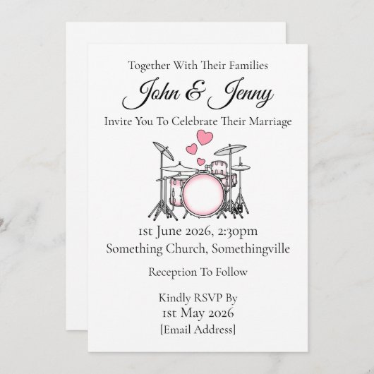 Drumkit bruiloft uitnodiging drummer muzikanten (Voorkant / Achterkant)