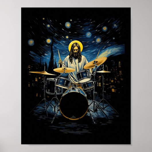 Drumkit percussionist Drummer Van Gogh Jesus spele Poster (Voorkant)