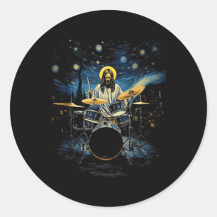 Drumkit percussionist Drummer Van Gogh Jesus spele Ronde Sticker