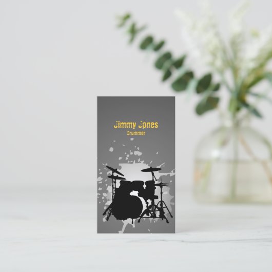 Drumkit Silhouette Splatter Grijs Visitekaartje (Staand voorkant)