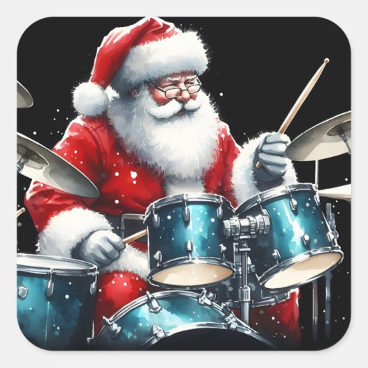 Drummende Kerstman verspreidt Rocking Holiday Chee Vierkante Sticker (Voorkant)