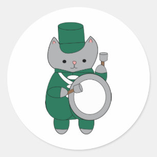 Drummer Bass Marching Band Cat Green White Ronde Sticker