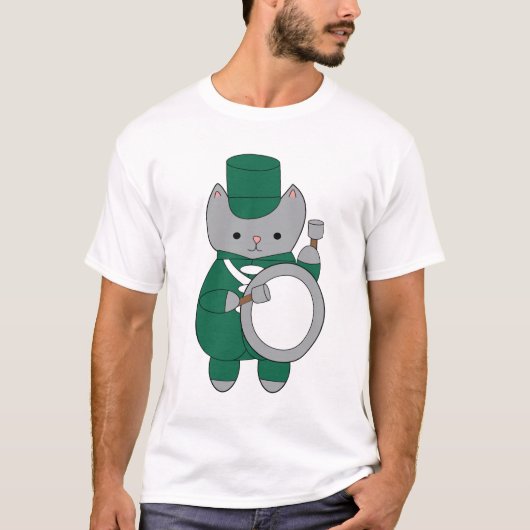 Drummer Cat Marching Band Groen Wit Muziek T-shirt (Voorkant)