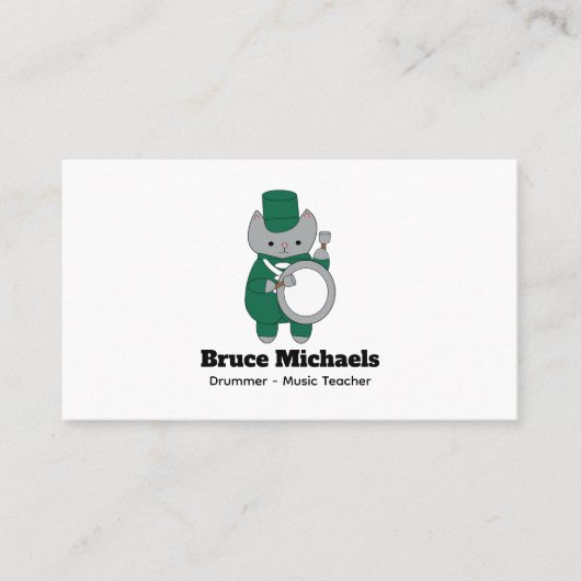 Drummer Cat Marching Band Groen Wit Personaliseren Visitekaartje (Voorkant)