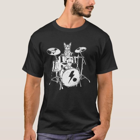 Drummer Cat Rock And Roll Drum Meow Kitty Heavy Me T-shirt (Voorkant)