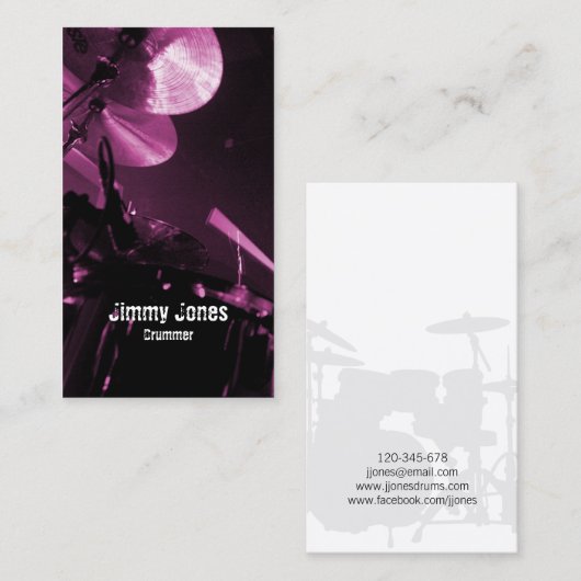 Drummer Cymbals en Toms Magenta Visitekaartje (Voorkant / Achterkant)