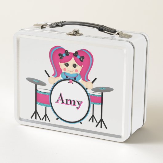 Drummer Doll Meisje Metalen Lunchbox (Voorkant)