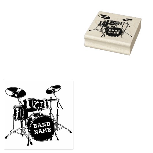 Drummer Drum Kit Gepersonaliseerde Band Naam Houte Rubberstempel (Gestempeld)