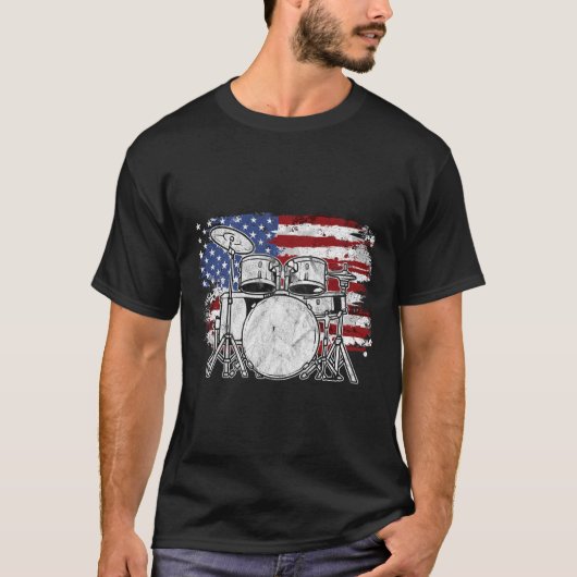 Drummer drum set Drums USA Vlag Amerikaans op 4 ju T-shirt (Voorkant)