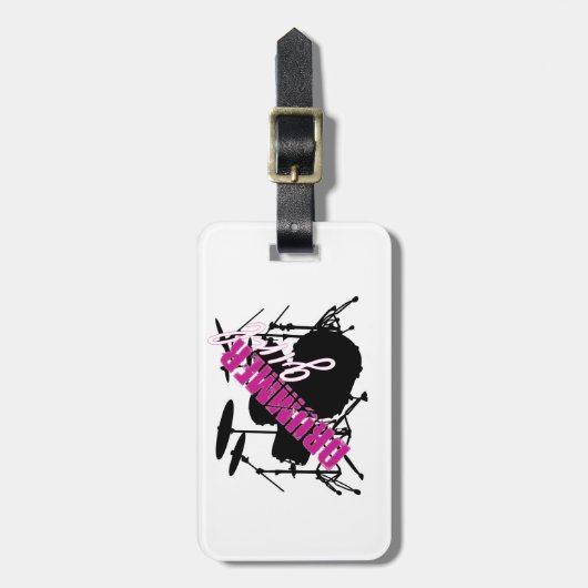 Drummer Girl met Fun Paars en Black Grunge Text Bagagelabel (Voorkant verticaal)