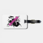 Drummer Girl met Fun Paars en Black Grunge Text Bagagelabel (Achterkant horizontaal)