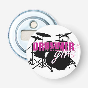 Drummer Girl met Fun Paars en Black Grunge Text Button Flesopener