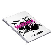 Drummer Girl met Fun Paars en Black Grunge Text Notitieboek (Rechterzijde)
