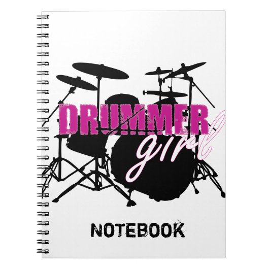 Drummer Girl met Fun Paars en Black Grunge Text Notitieboek (Voorkant)