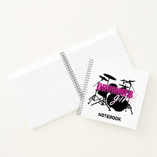 Drummer Girl met Fun Paars en Black Grunge Text Notitieboek (Binnen)