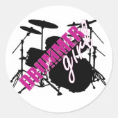 Drummer Girl met Fun Paars en Black Grunge Text Ronde Sticker (Voorkant)