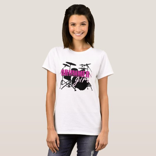 Drummer Girl met Fun Paars en Black Grunge Text T-shirt (Voorkant volledig)