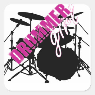Drummer Girl Paarse en witte tekst met drumstel Vierkante Sticker