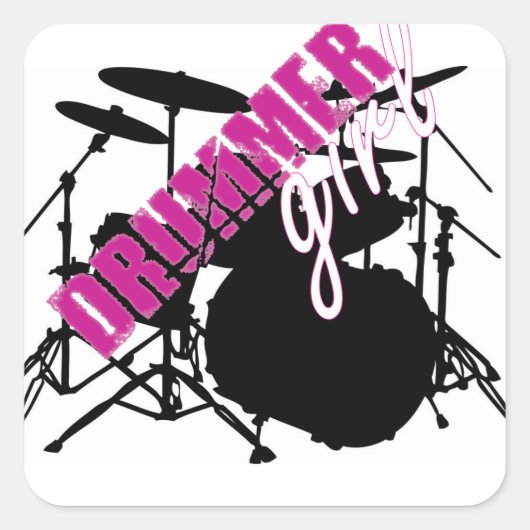 Drummer Girl Paarse en witte tekst met drumstel Vierkante Sticker (Voorkant)