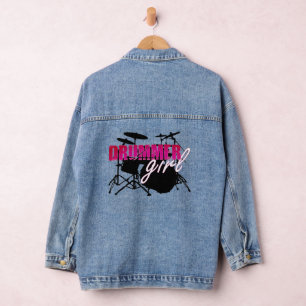 Drummer meisje Schattige Paarse Zwart en Illustrat Denim Jacket