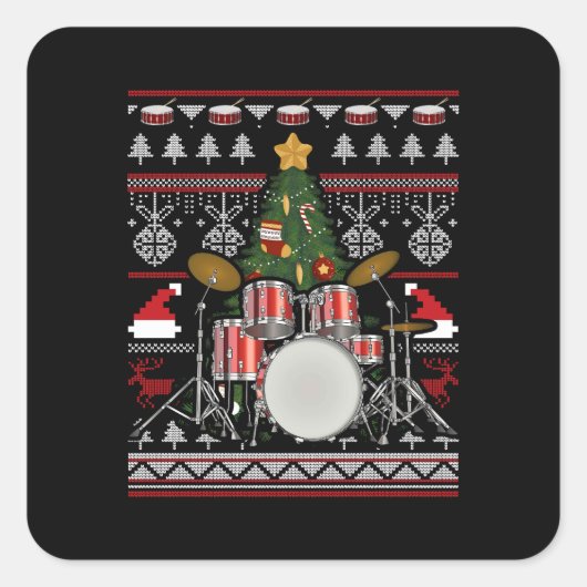 Drummer Musical Instrument Ugly Kerstmis Vierkante Sticker (Voorkant)