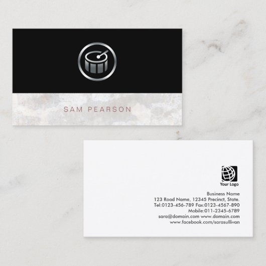 Drummer percussionist vet zilveren drums icoon visitekaartje (Voorkant / Achterkant)