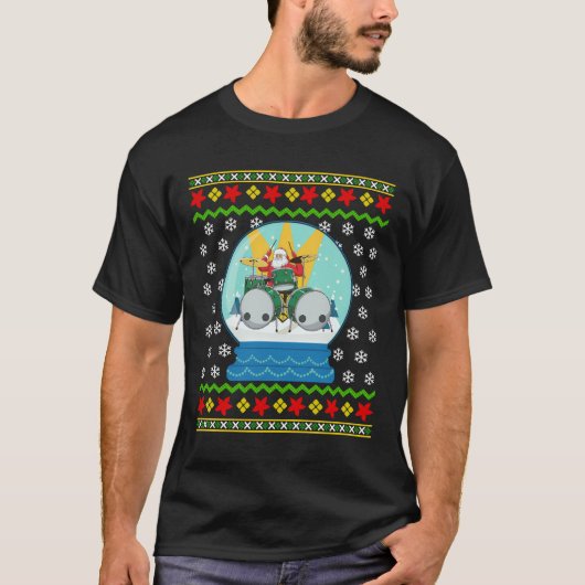 Drummer Santa Snow Wereldbol Lelijke Kerstdrums Pe T-shirt (Voorkant)
