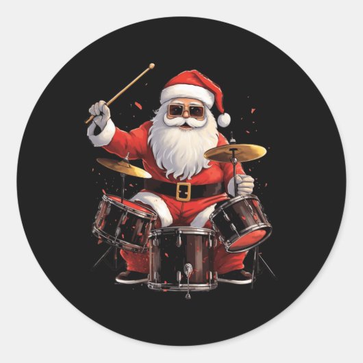 Drummer Santa speelt drums Funny Christmas Drumme Ronde Sticker (Voorkant)