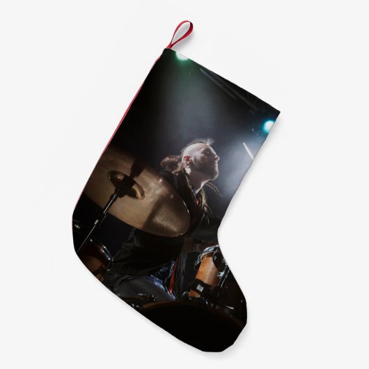 Drummer silhouet, donker podium setting kleine kerstsok (Voorkant (Hangend))