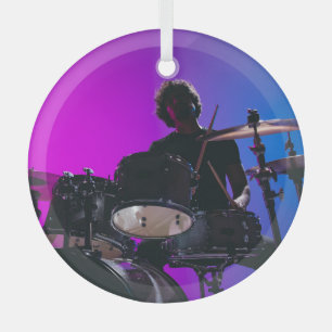 Drummer silhouet, neon blauw-roze achtergrond. glas ornament